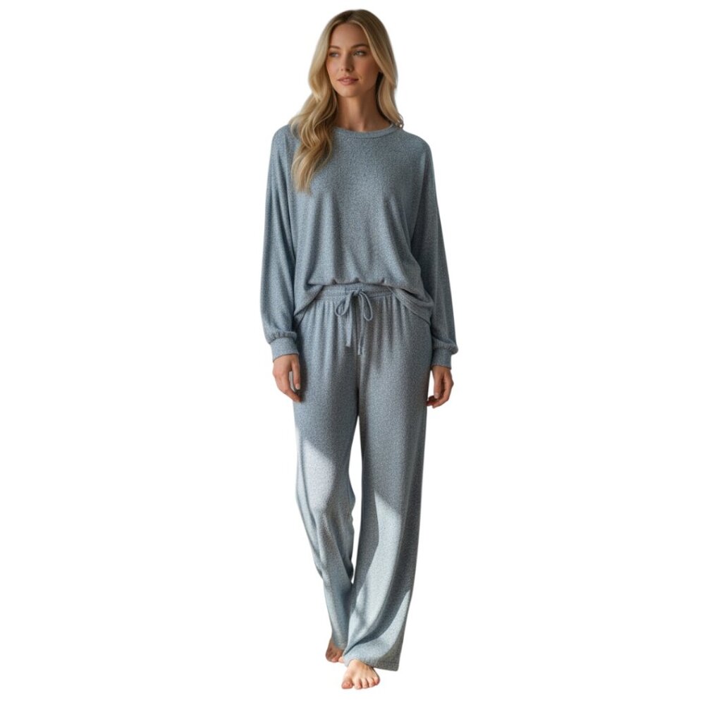 Zenana Soft Melange Hacci Long Sleeve Tee and Joggers Set NEW Dusty Blue/Medium